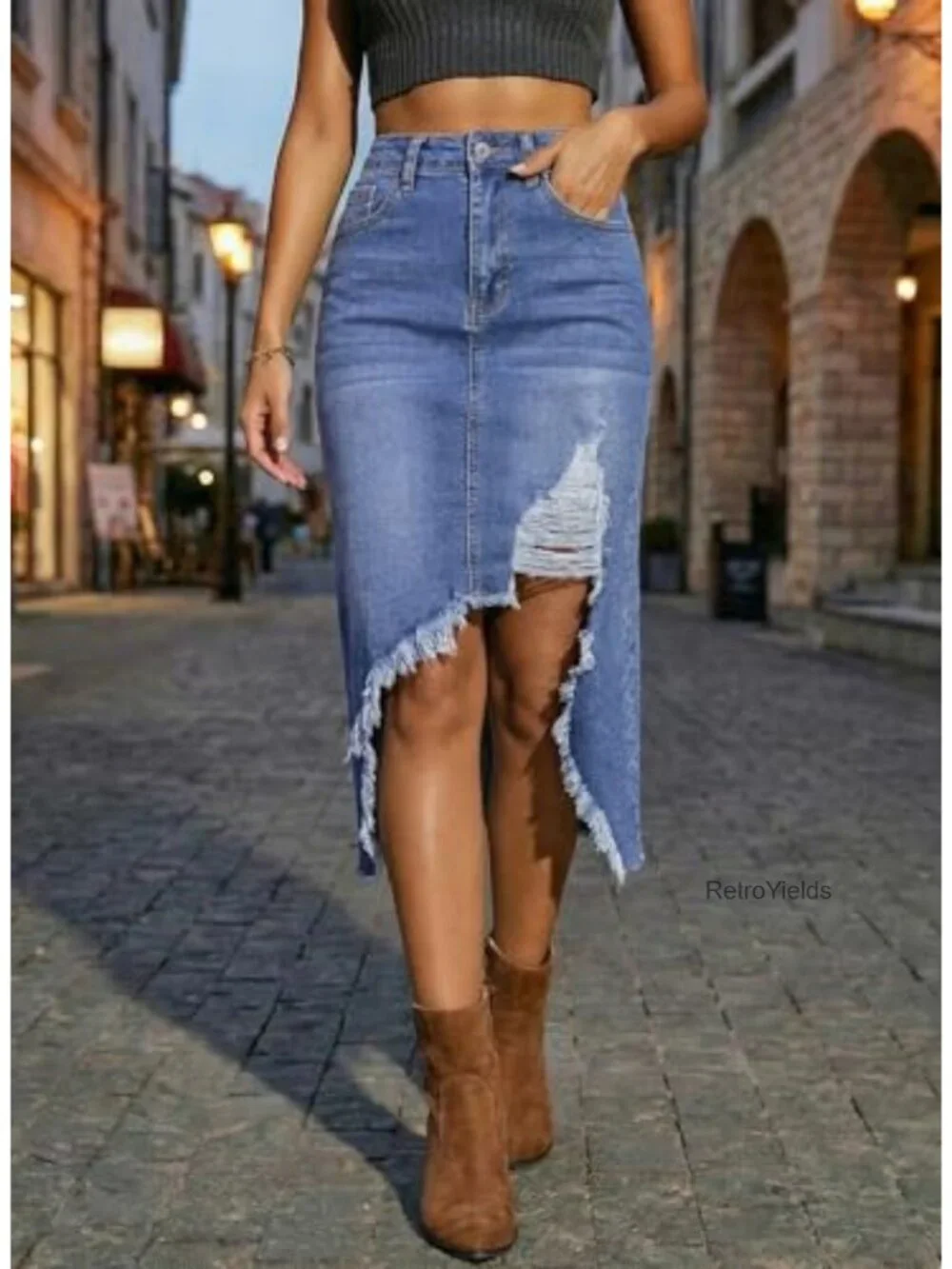 High Waisted Distressed Midi Denim Skirt with Side Slit